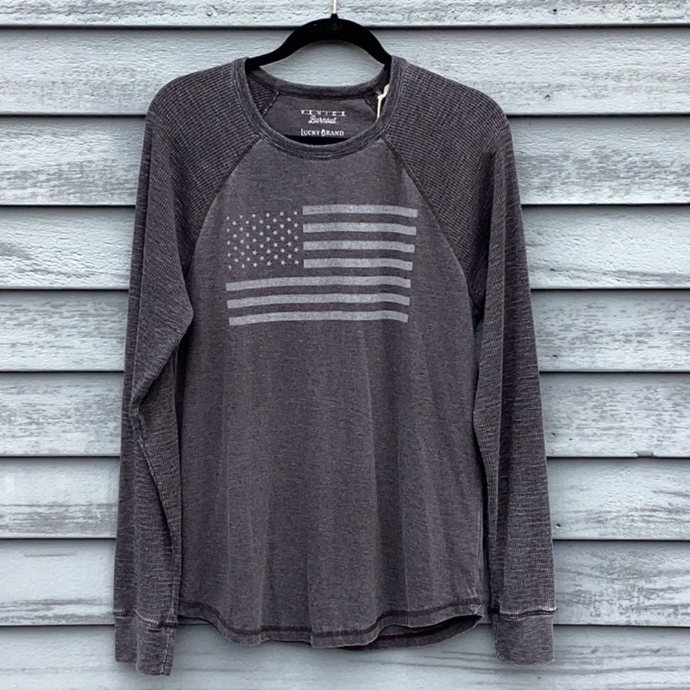 Lucky Brand Venice  Burnout Gray Long Sleeve USA Flag Tee Medium